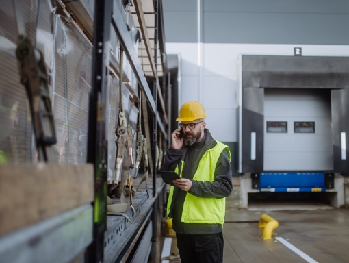 Man in safety vest and hardhat next to trailer at loading dock